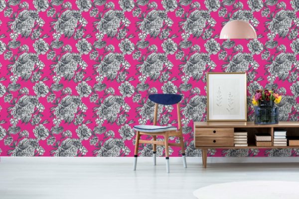 Hot pink floral peel stick wallpaper