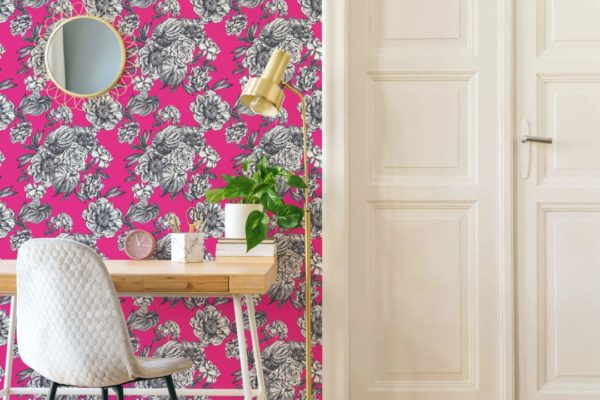 Hot pink floral peel and stick removable wallpaper