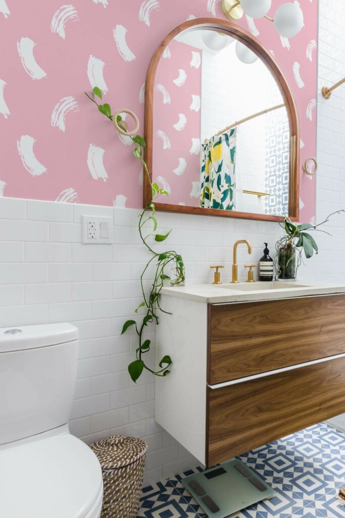 Boho scandinavian style powder room decorated with Pink Brush stroke peel and stick wallpaper