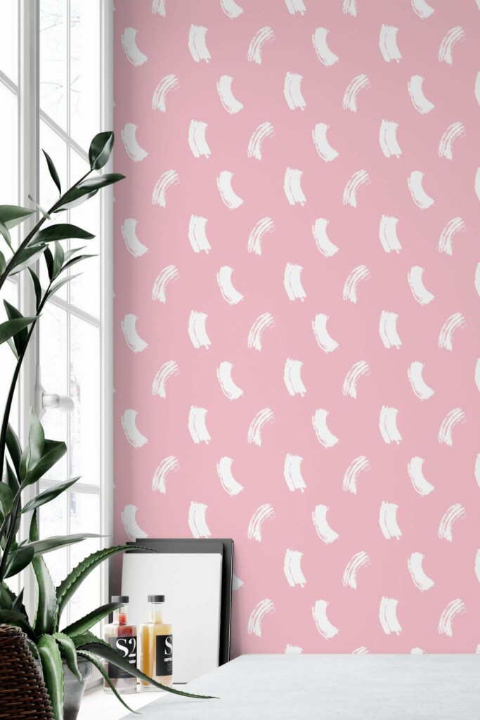 Minimal style home office decorated with Pink Brush stroke peel and stick wallpaper