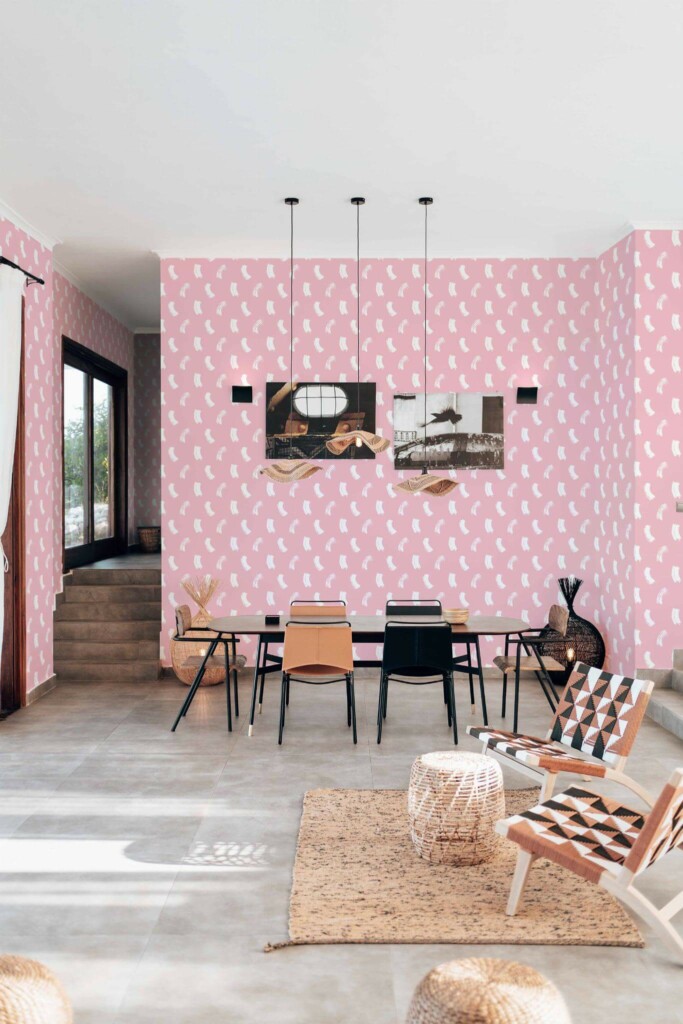 Modern boho style living dining room decorated with Pink Brush stroke peel and stick wallpaper