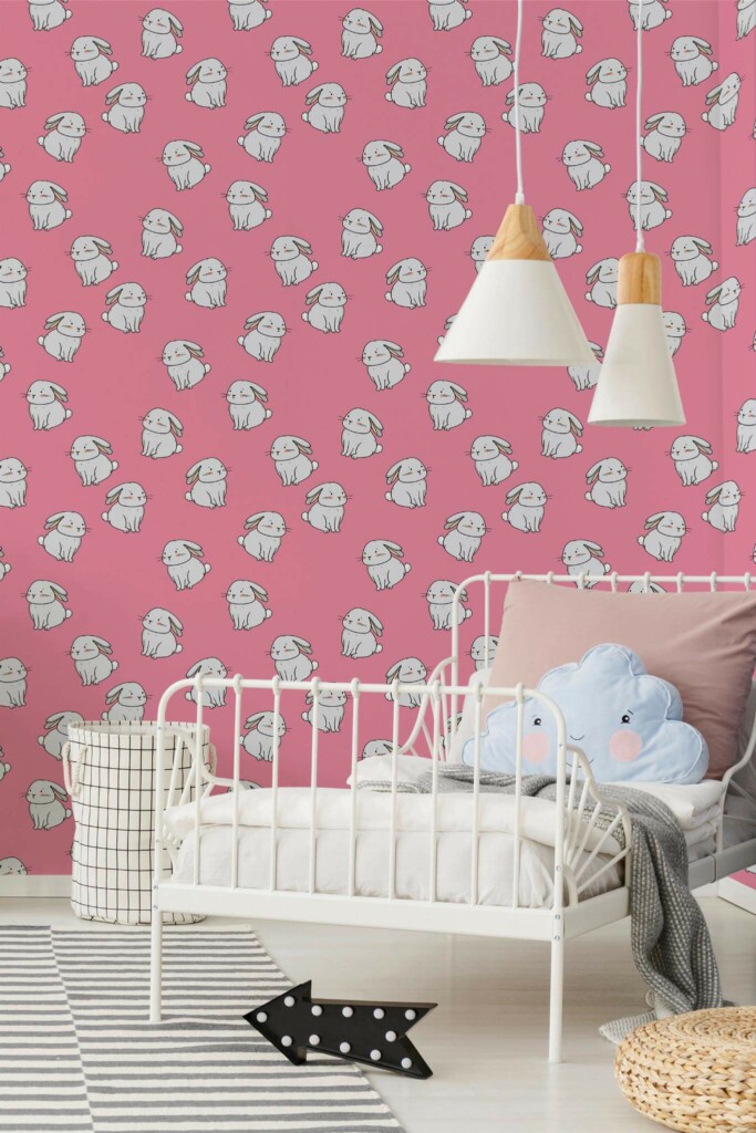 Bohemian style kids room decorated with Pink Bunny peel and stick wallpaper