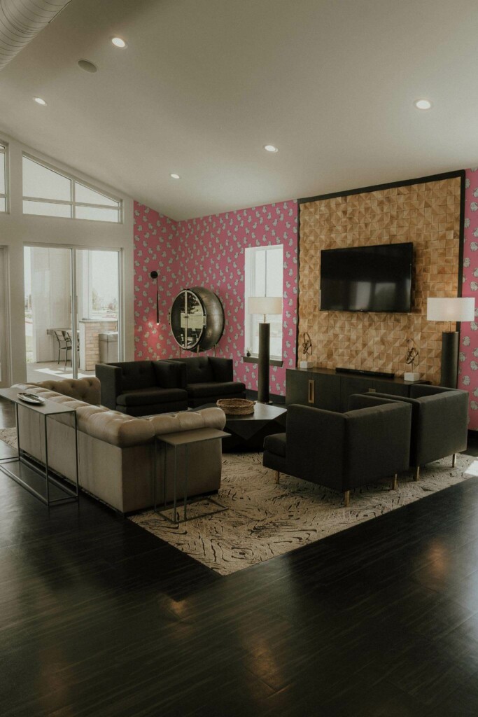 Hollywood glam style living room decorated with Pink Bunny peel and stick wallpaper