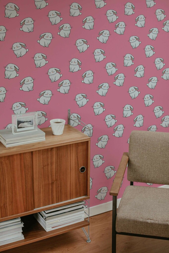 Mid-century style living room decorated with Pink Bunny peel and stick wallpaper