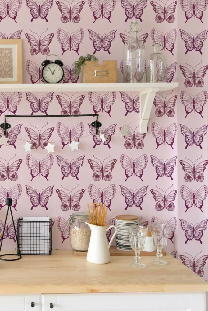Light farmhouse style kitchen decorated with Pink butterfly peel and stick wallpaper