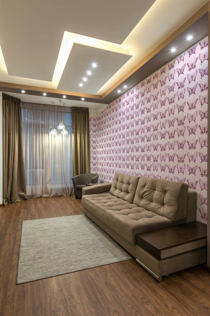 Modern Eastern European style living room decorated with Pink butterfly peel and stick wallpaper