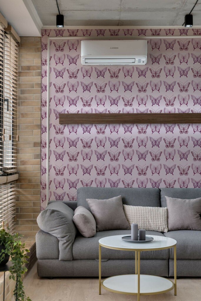 Scandinavian style living room decorated with Pink butterfly peel and stick wallpaper