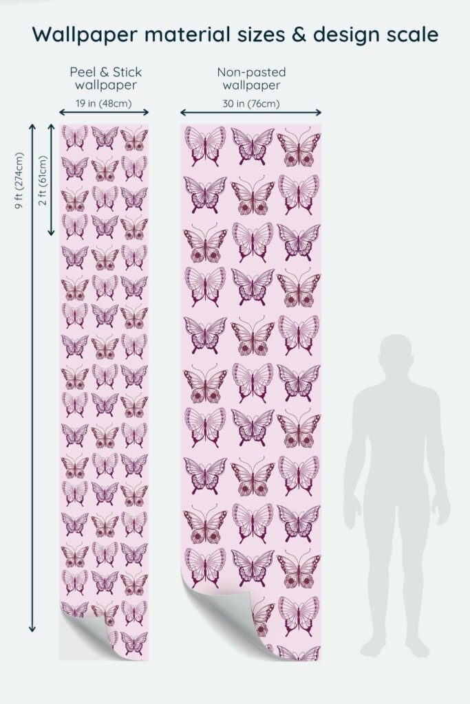 Size comparison of Pink butterfly Peel & Stick and Non-pasted wallpapers with design scale relative to human figure