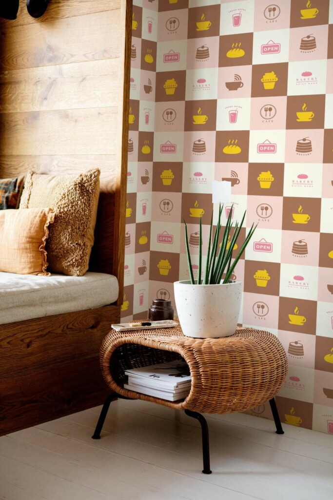 Mid-century modern style bedroom decorated with Pink cafe peel and stick wallpaper