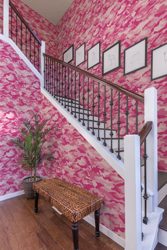 Rustic style entryway decorated with Pink camo peel and stick wallpaper