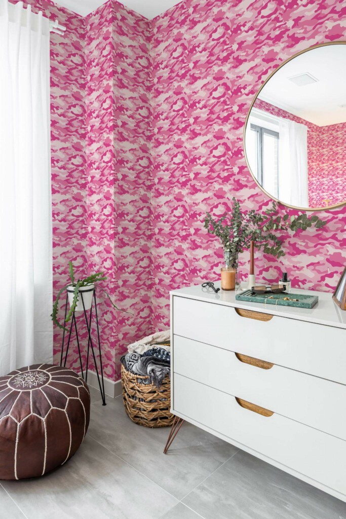 Scandinavian style bedroom decorated with Pink camo peel and stick wallpaper and Mediterranean accents