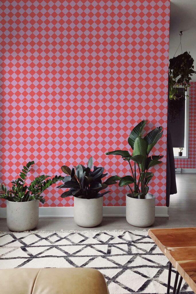 Fancy Walls peel and stick wallpaper with bold pink Christmas check pattern