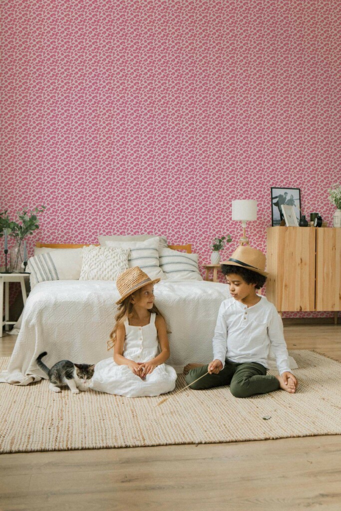 Scandinavian style bedroom decorated with Pink cheetah print peel and stick wallpaper