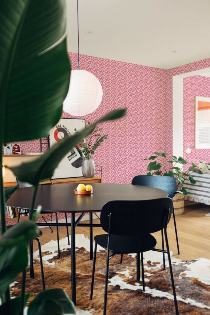 Scandinavian style dining room decorated with Pink cheetah print peel and stick wallpaper