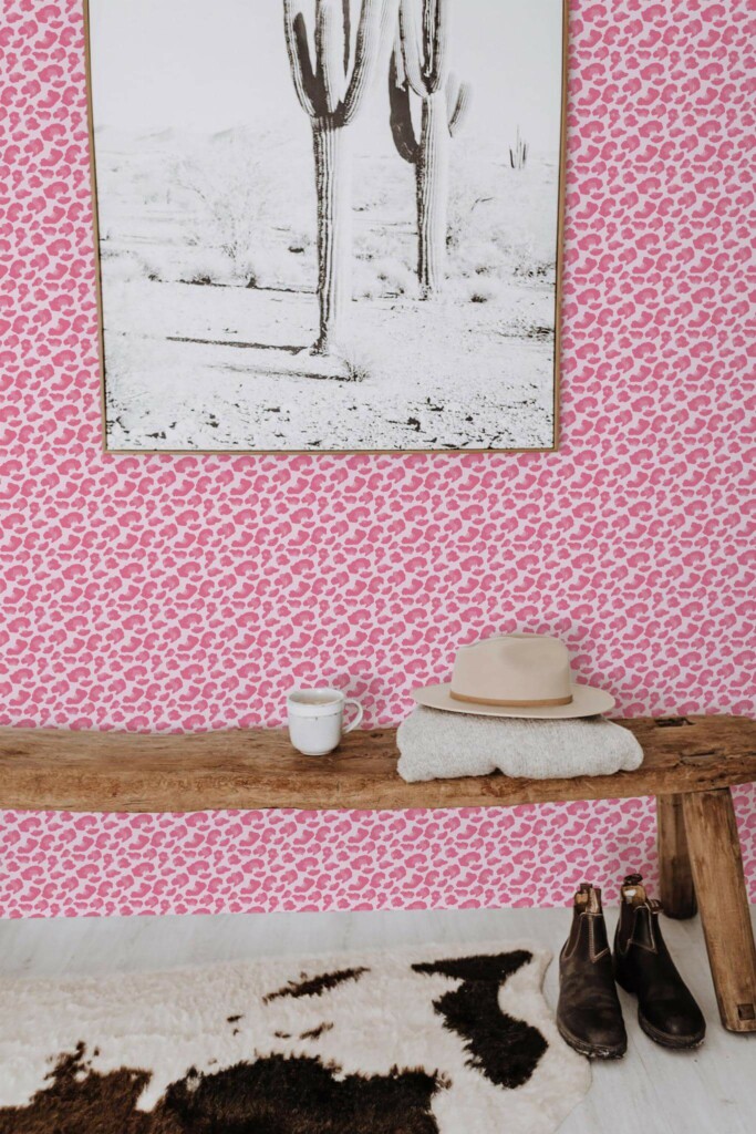 Scandinavian style entryway decorated with Pink cheetah print peel and stick wallpaper