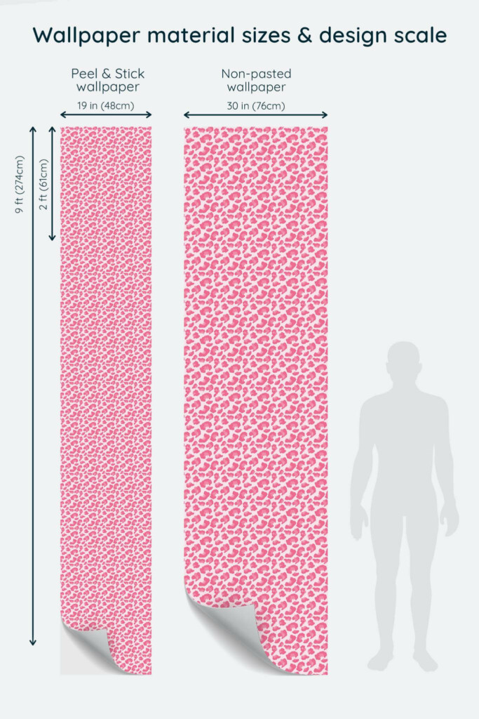 Size comparison of Pink cheetah print Peel & Stick and Non-pasted wallpapers with design scale relative to human figure