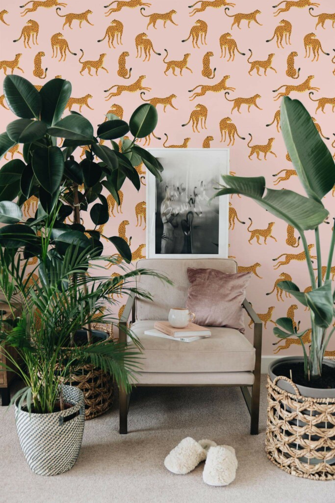 Modern boho style living room decorated with Pink cheetah peel and stick wallpaper