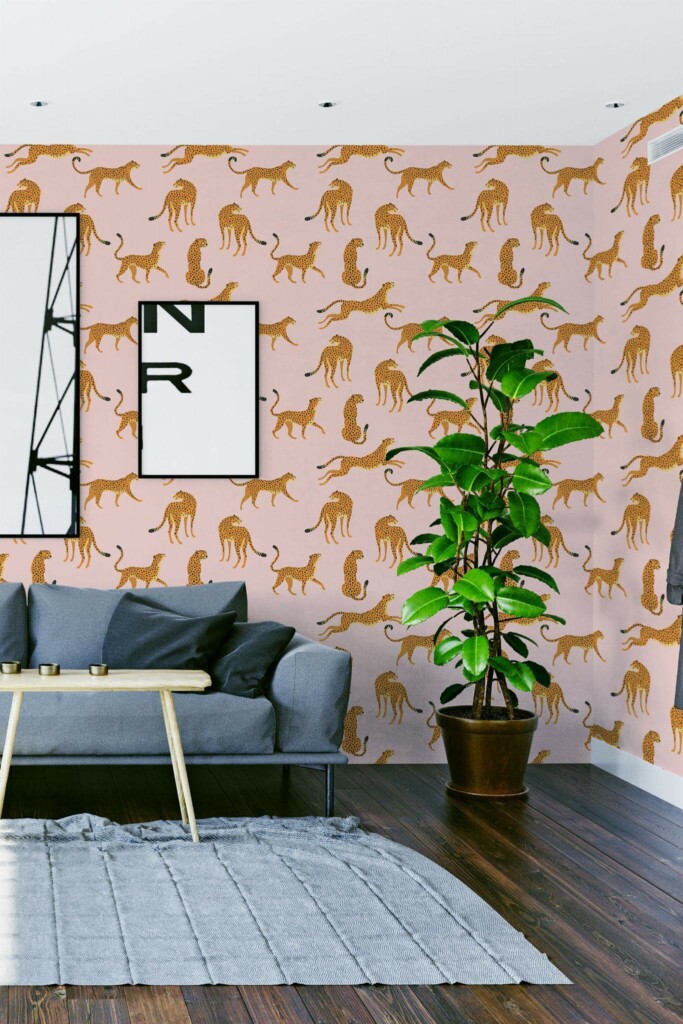 Modern scandinavian style living room decorated with Pink cheetah peel and stick wallpaper