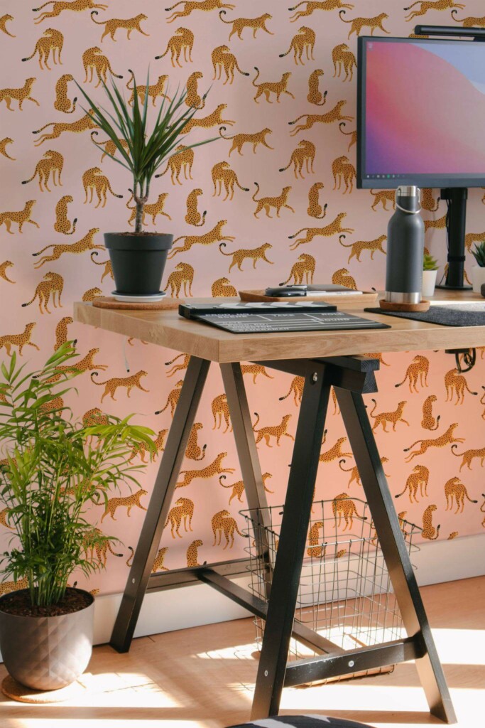 Scandinavian style home office decorated with Pink cheetah peel and stick wallpaper