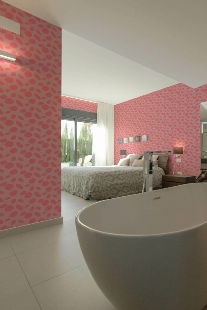 Modern style bedroom with open bathroom decorated with Pink cheetah spots peel and stick wallpaper
