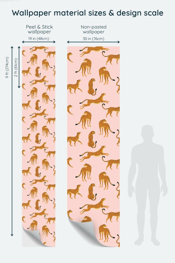 Size comparison of Pink cheetah Peel & Stick and Non-pasted wallpapers with design scale relative to human figure