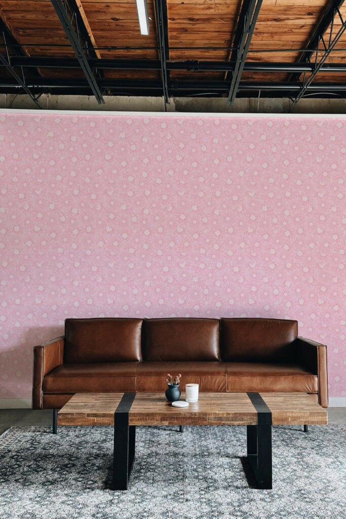 Industrial rustic style living room decorated with Pink chrysanthemum peel and stick wallpaper