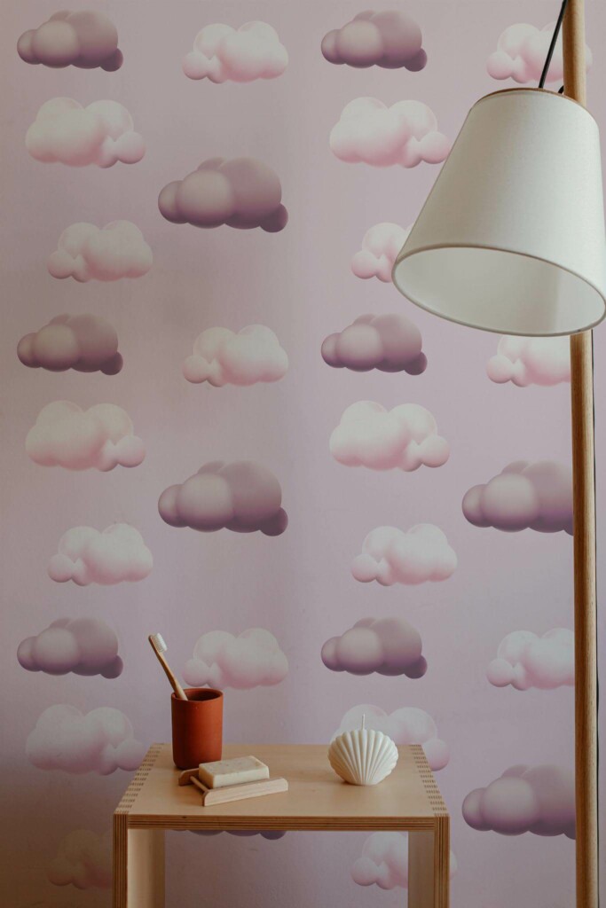 Minimal style bathroom decorated with Pink clouds peel and stick wallpaper
