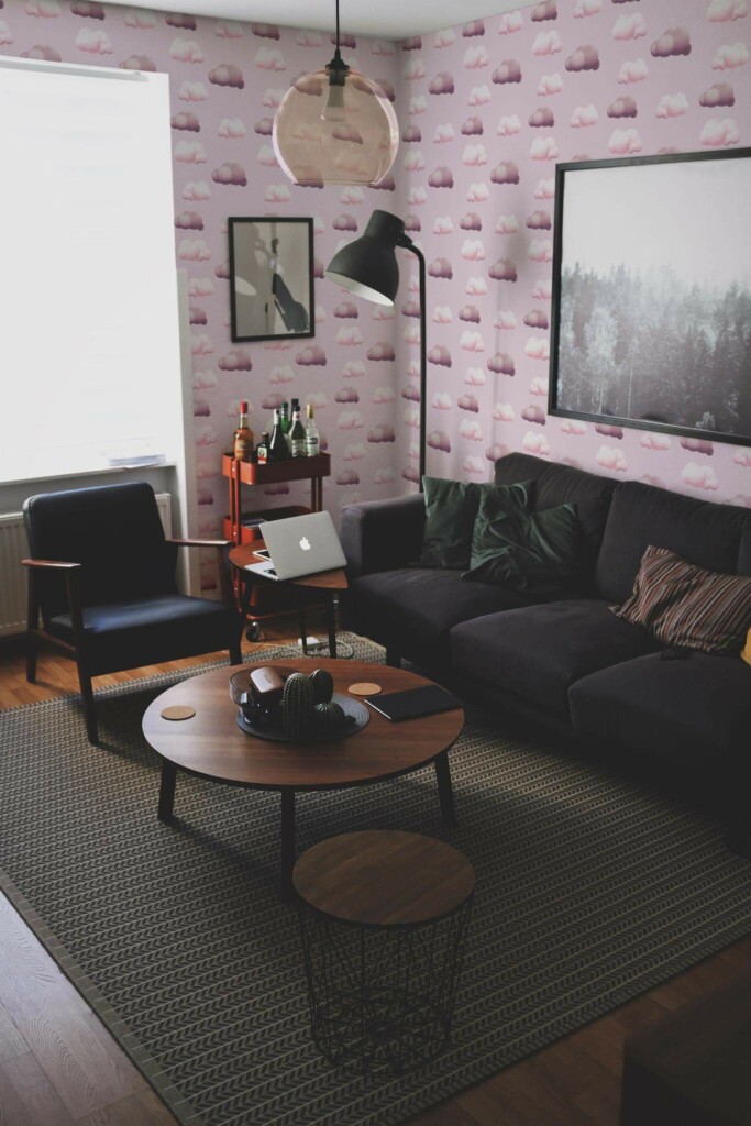 Modern dark industrial style living room decorated with Pink clouds peel and stick wallpaper