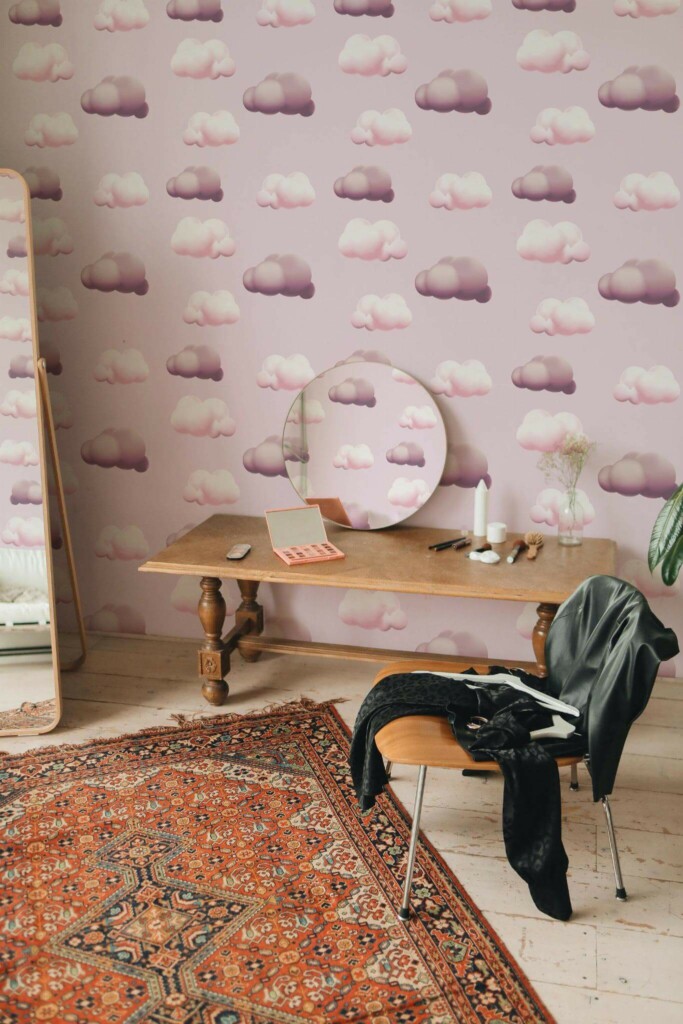 Rustic eclectic style powder room decorated with Pink clouds peel and stick wallpaper