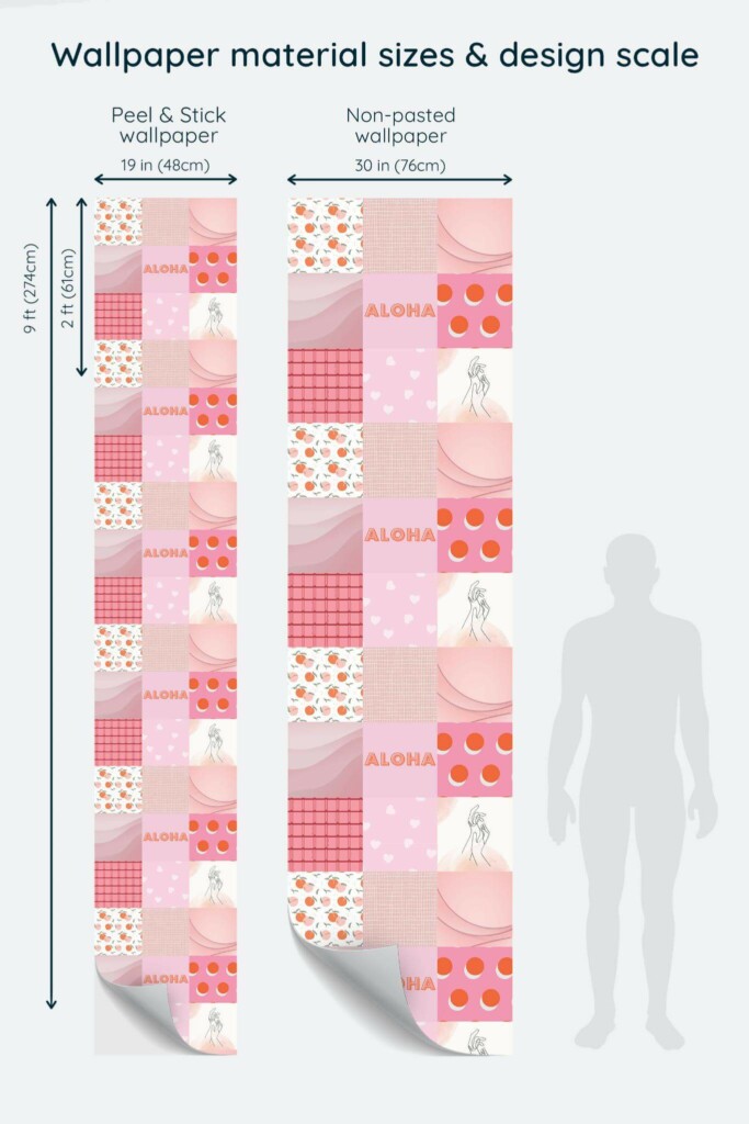 Size comparison of Pink collage Peel & Stick and Non-pasted wallpapers with design scale relative to human figure