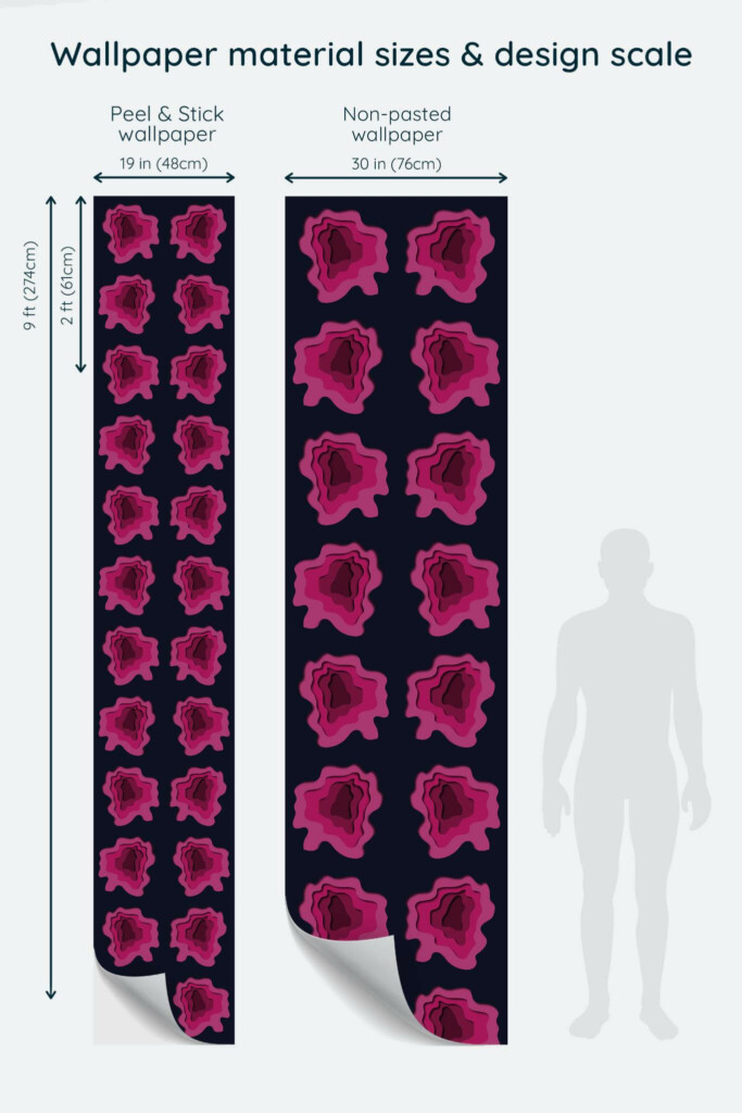 Size comparison of Pink contemporary shape Peel & Stick and Non-pasted wallpapers with design scale relative to human figure