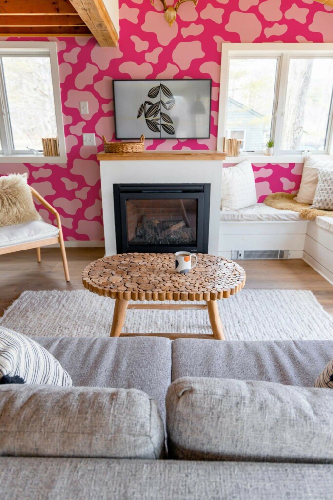 Farmhouse boho style living room decorated with Pink cow pattern peel and stick wallpaper