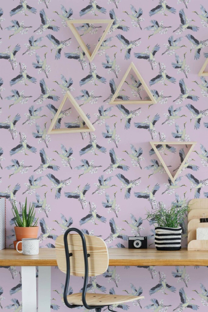 Scandinavian style home office decorated with Pink crane peel and stick wallpaper