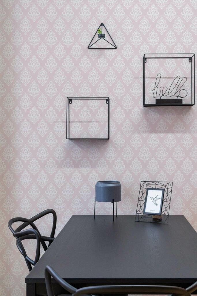 Industrial modern style dining room decorated with Pink damask peel and stick wallpaper