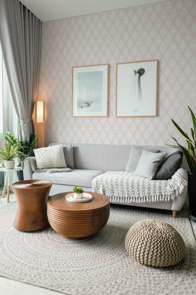 Modern scandinavian style living room decorated with Pink damask peel and stick wallpaper and green plants
