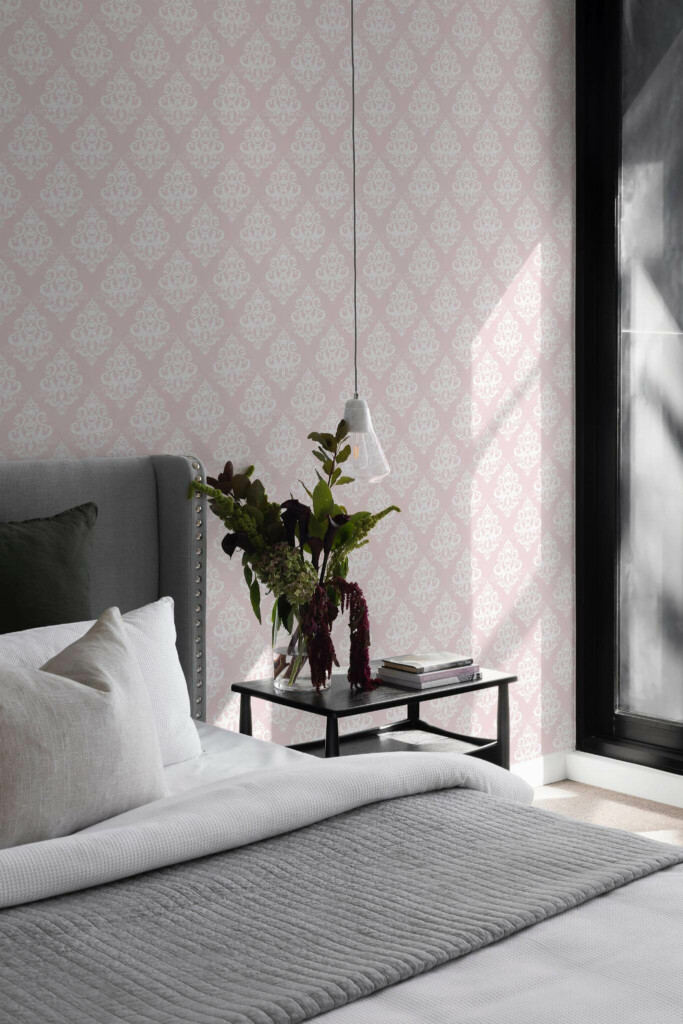 Scandinavian style bedroom decorated with Pink damask peel and stick wallpaper