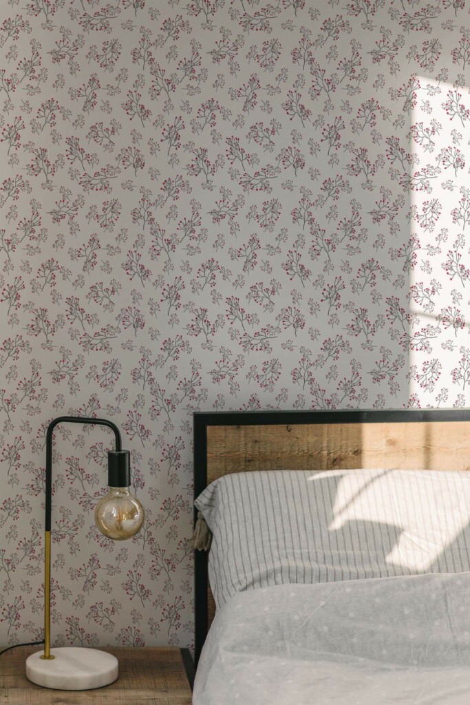 Minimal modern style bedroom decorated with Pink delicate floral peel and stick wallpaper