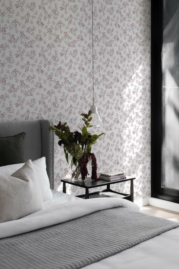 Scandinavian style bedroom decorated with Pink delicate floral peel and stick wallpaper