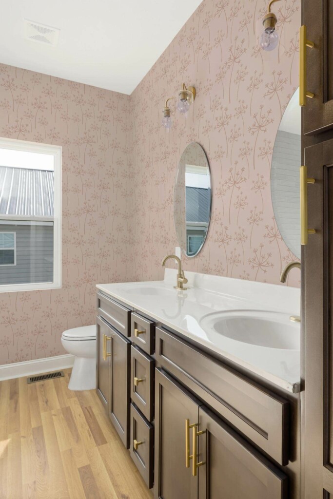 Modern rustic style powder room decorated with Pink dill peel and stick wallpaper
