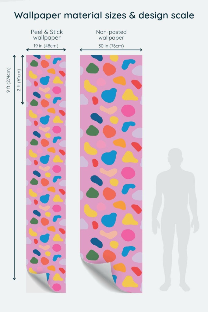 Size comparison of Pink Dimensions Peel & Stick and Non-pasted wallpapers with design scale relative to human figure