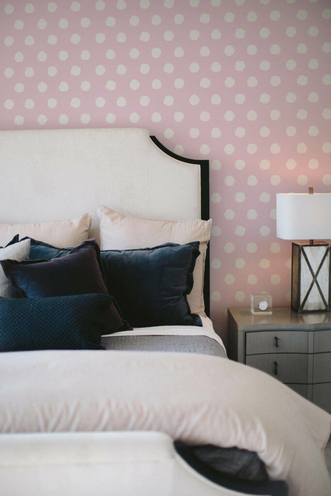 Shabby chic style bedroom decorated with Pink dot peel and stick wallpaper