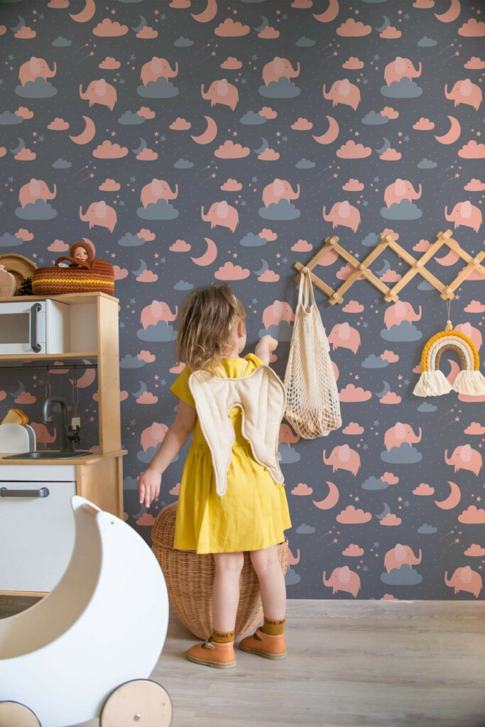 Bohemian style kids room decorated with Pink dream peel and stick wallpaper