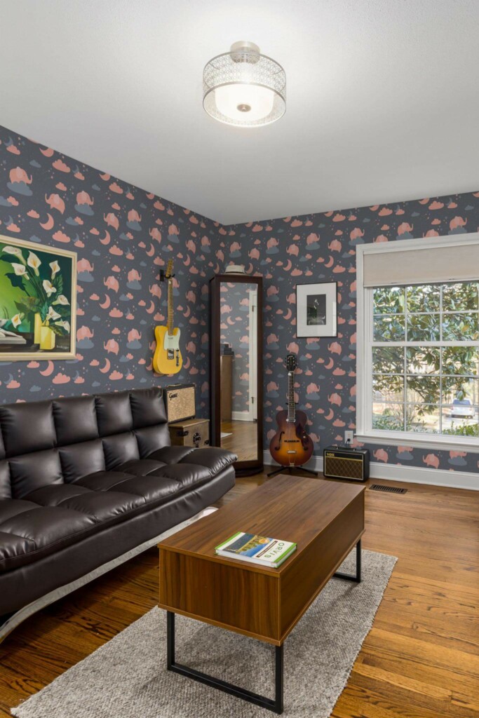 Mid-century style living room decorated with Pink dream peel and stick wallpaper and music instruments