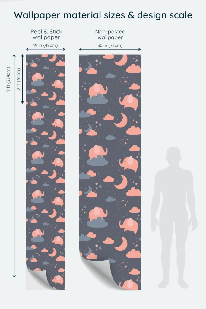 Size comparison of Pink dream Peel & Stick and Non-pasted wallpapers with design scale relative to human figure