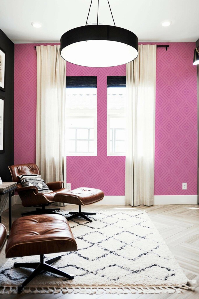 MId-century modern style living room decorated with Pink fine lines peel and stick wallpaper