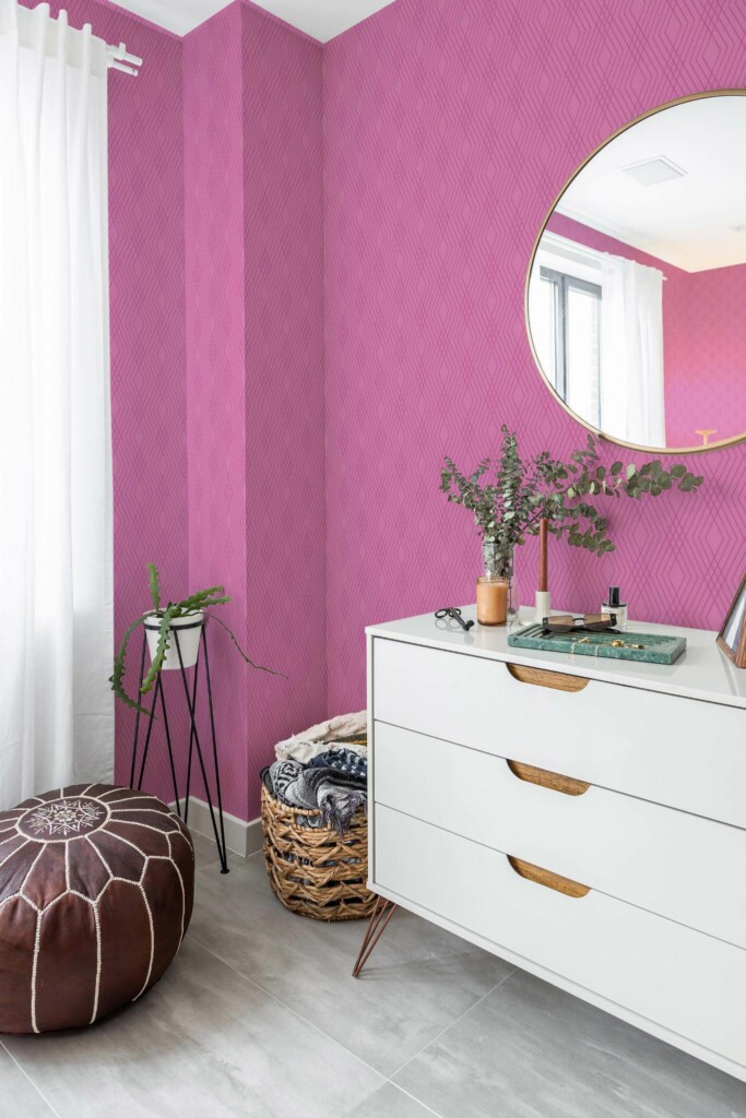 Scandinavian style bedroom decorated with Pink fine lines peel and stick wallpaper and Mediterranean accents