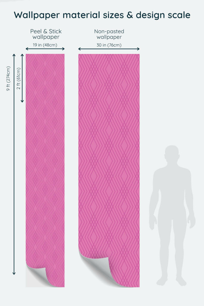 Size comparison of Pink fine lines Peel & Stick and Non-pasted wallpapers with design scale relative to human figure
