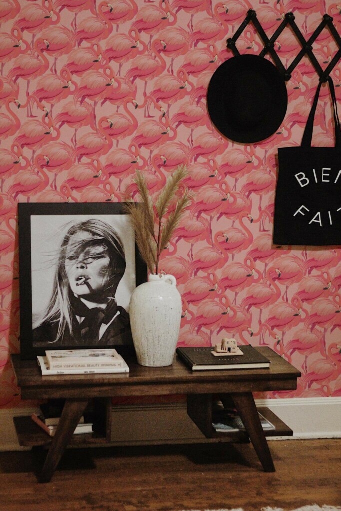 Rustic farmhouse style entryway decorated with Pink Flamingo bird peel and stick wallpaper