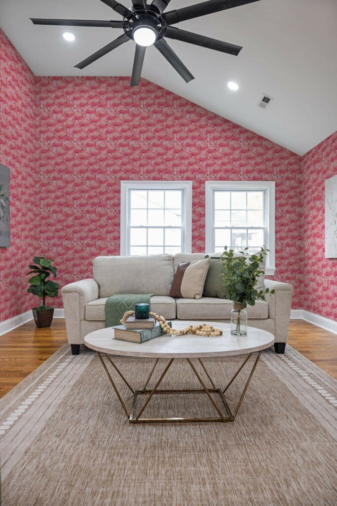Scandinavian style living room decorated with Pink Flamingo bird peel and stick wallpaper