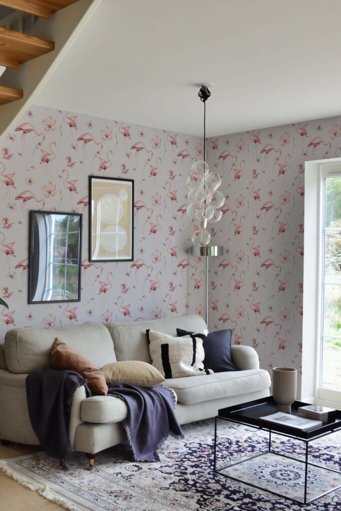 Contemporary style living room and kitchendecorated with Pink flamingo peel and stick wallpaper
